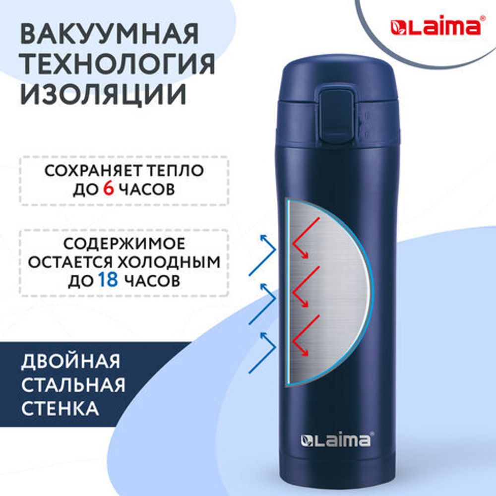 Термокружка 470 мл из нержавеющей стали SUS304, королевский синий матовый, LAIMA, 608079