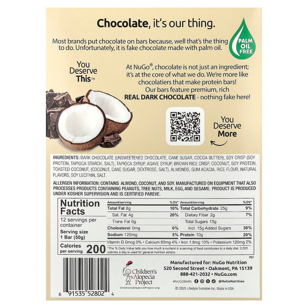 NuGo Nutrition, Dark®, протеиновые батончики, шоколад и кокос, 12 батончиков по 50 г (1,76 унции)