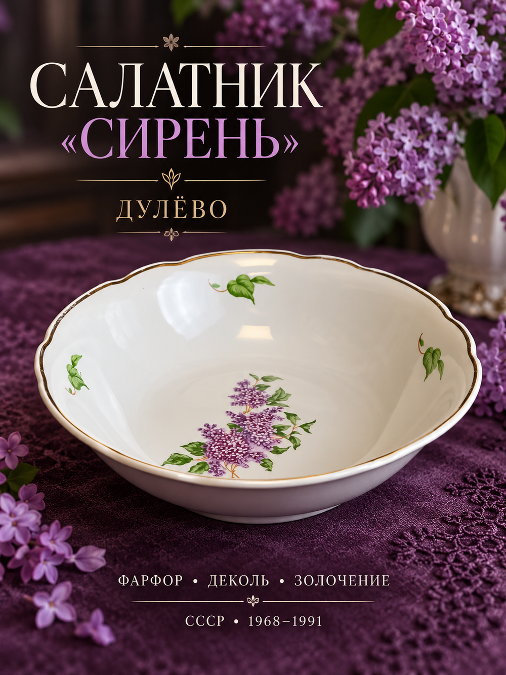 Салатник фарфоровый из сервиза "Сирень", деколь цветы, золочение, Дулево ФЗ, винтаж СССР 1968-1991 гг