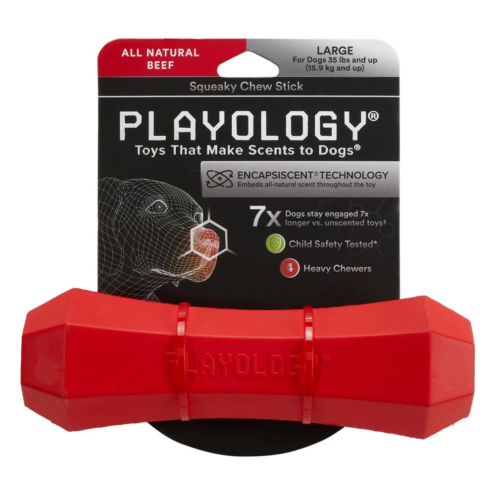 Жевательная палочка Playology SQUEAKY CHEW STICK для собак средних и крупных пород с ароматом говядины, большая, цвет красный