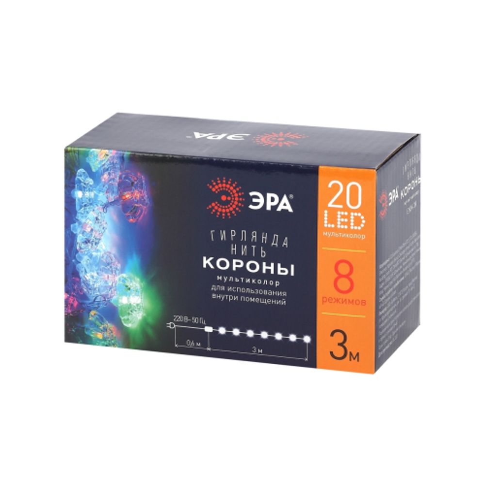 Светодиодная новогодняя гирлянда ЭРА ENIN-3K нить Короны 3 м мультиколор | Гирлянды