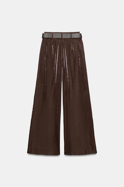 ZARA ШИРОКИЕ АТЛАСНЫЕ БРЮКИ С РЕМНЕМ, КОРИЧНЕВЫЙ