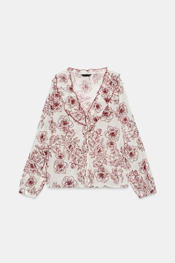 ZARA БЛУЗА С ЦВЕТОЧНЫМ ПРИНТОМ И ВОЛАНАМИ, ЭКРЮ/ГРАНАТОВЫЙ