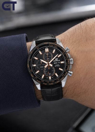 CASIO EFR-574BL-1AVUDF EDIFICE мужские наручные часы — хронограф с тахиметром и натуральным кожаным ремешком
