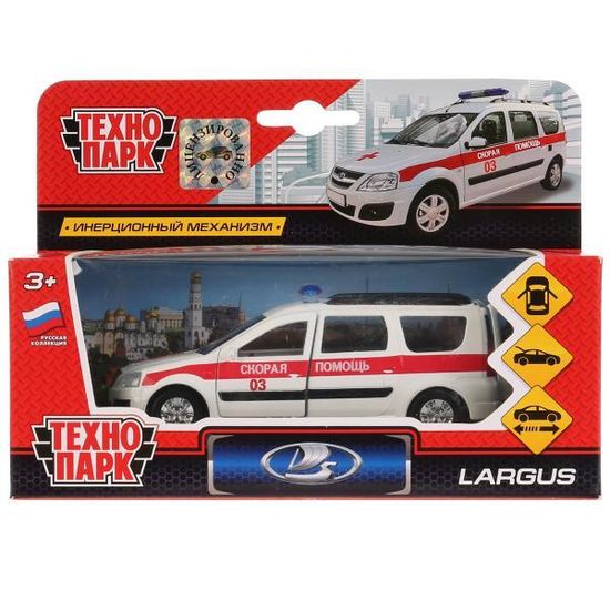 Машина металл LADA LARGUS СКОРАЯ, 12 см, двери, багаж., инерц., кор. Технопарк