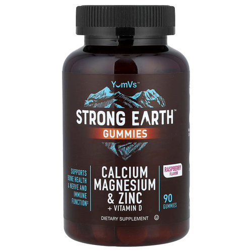 YumVs, Жевательные мармеладки Strong Earth, кальций, магний и цинк + витамин D, малина, 90 жевательных таблеток