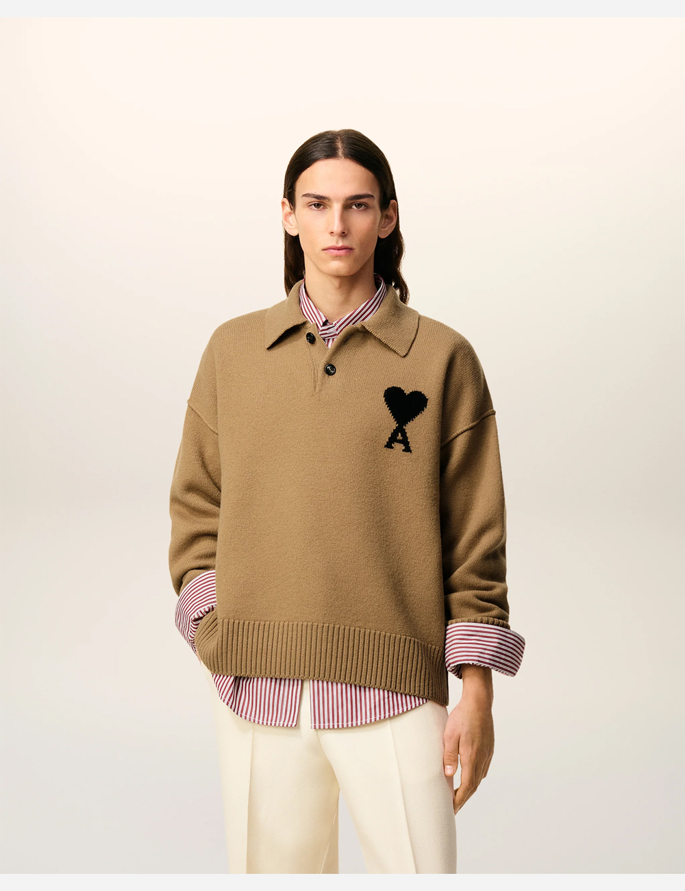 AMI PARIS Wool Ami De Coeur Polo "Camel" (UPL409.018.288)