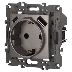 Розетка ЭРА Elegance 14-4108-16 2P+E 16A-250В со шторками с USB type-A+C 5В-3А титан | Эра Elegance