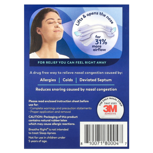 Breathe Right, Полоски для носа, средние / средние, прозрачные, 30 полосок