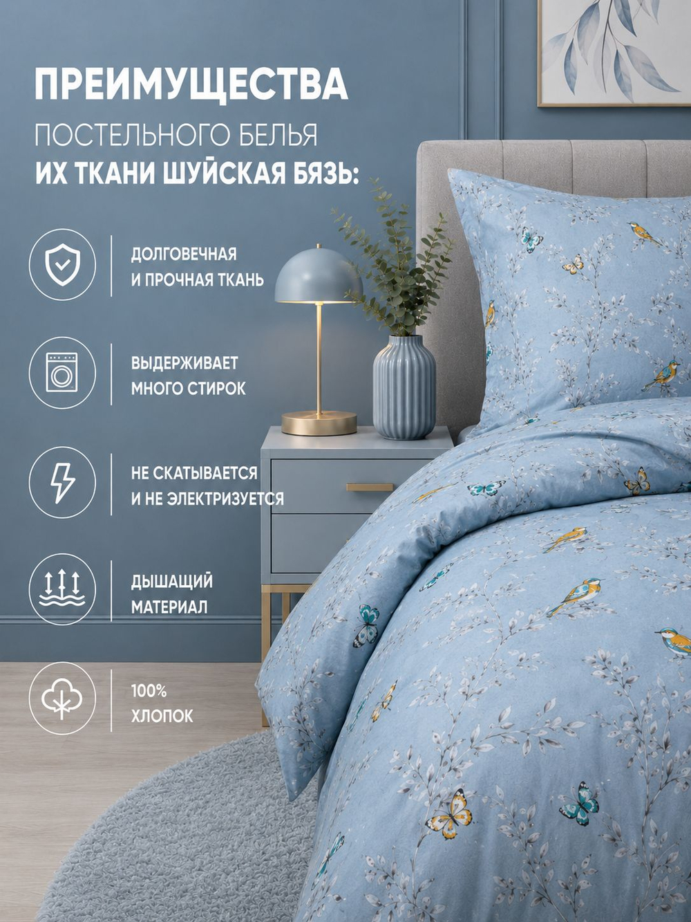 Комплект постельного белья семейный Дуэт, наволочки 70х70 Шуйская Бязь Хлопок Птички