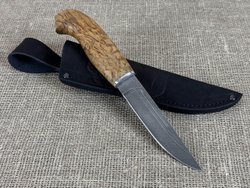 Финский нож Пуукко, дамасская сталь, рукоять карельская берёза