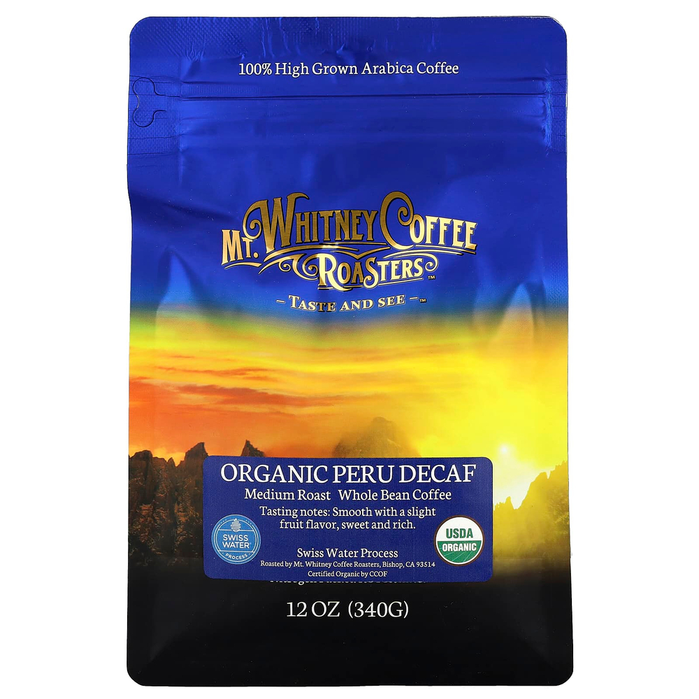 Mt. Whitney Coffee Roasters, органический кофе из Перу без кофеина, средней обжарки, зерновой, 340 г (12 унций)