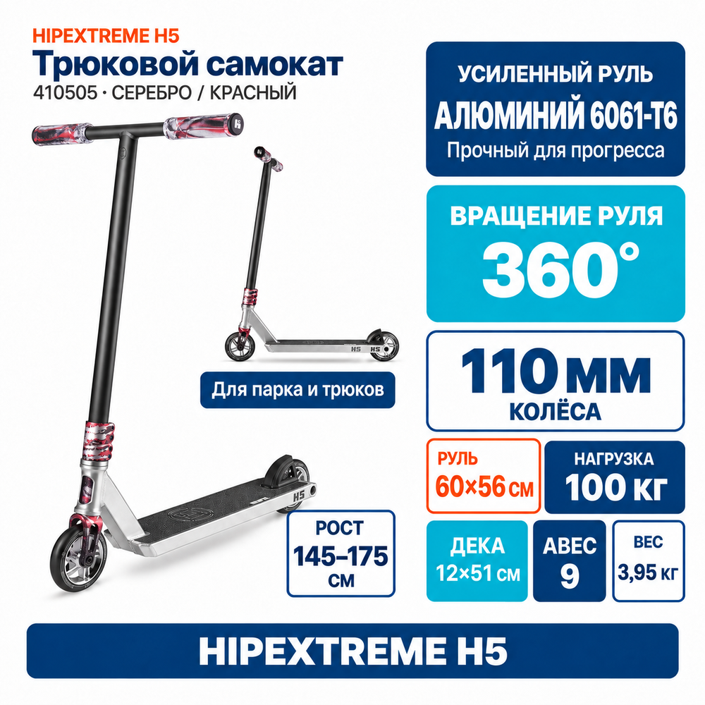 Самокат HIPExtreme H5, серебро/красный
