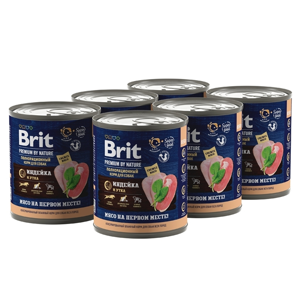 Консервы Brit Premium By Nature для взрослых собак всех пород, индейка и утка, 6 шт x 850 гр