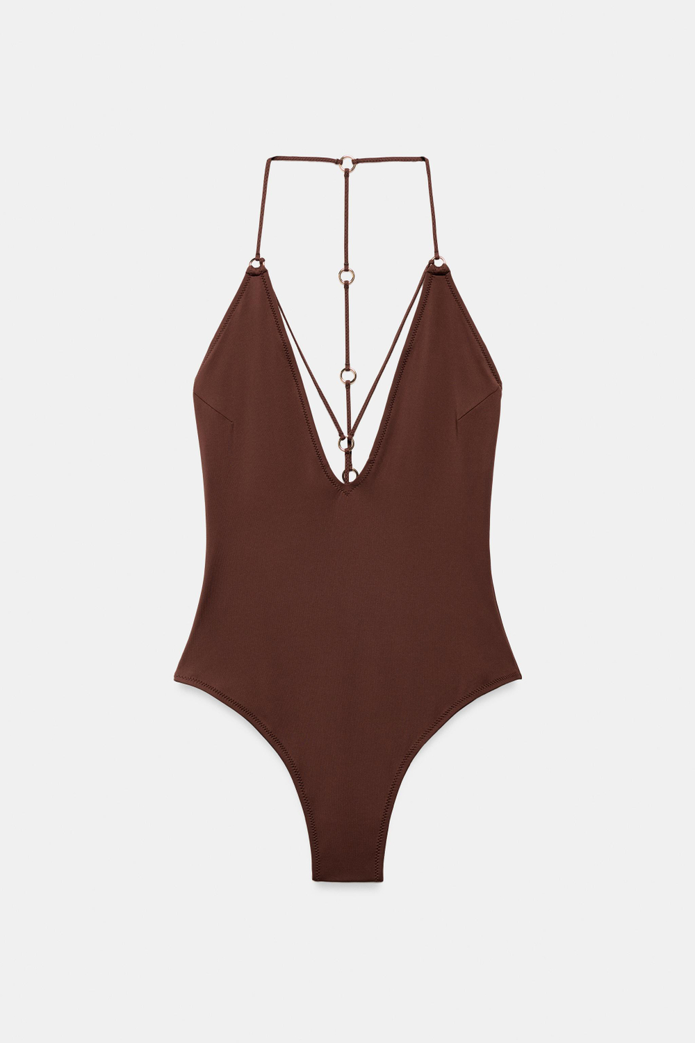 ZARA ОДНОТОННЫЙ КУПАЛЬНИК С ЛЮВЕРСАМИ, КОРИЧНЕВЫЙ