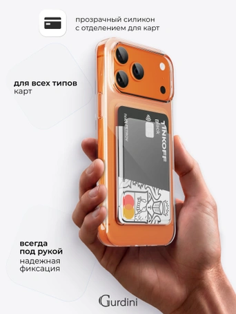 Чехол накладка iPhone 17 Pro / 18 Pro 6.3" Gurdini силикон с отделением для карты прозрачный