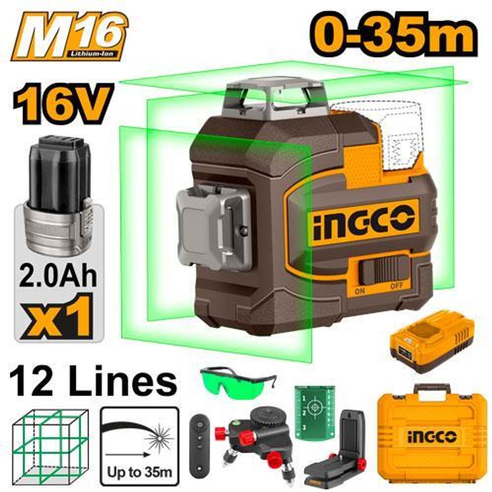 Лазерный аккумуляторный нивелир INGCO HLL301201 INDUSTRIAL 16 В 35 м