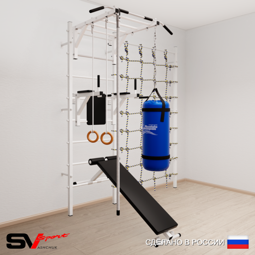 Шведская стенка Sv Sport усиленная 65430 (Турник рукоход/Брусья/Скамья/Канат/Кольца/Цепь/Мешок 30кг/Канатный лаз)