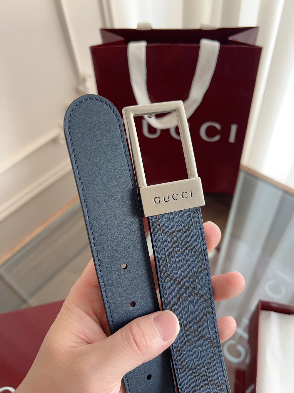 Мужской ремень Gucci с прямоугольной пряжкой 3,5 см — синий — фото 2