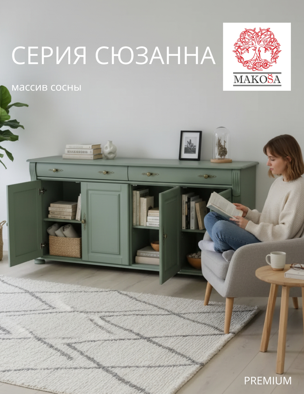 Комод Сюзанна 180 см, 2 ящика и 2 двери, массив сосны, зелёный