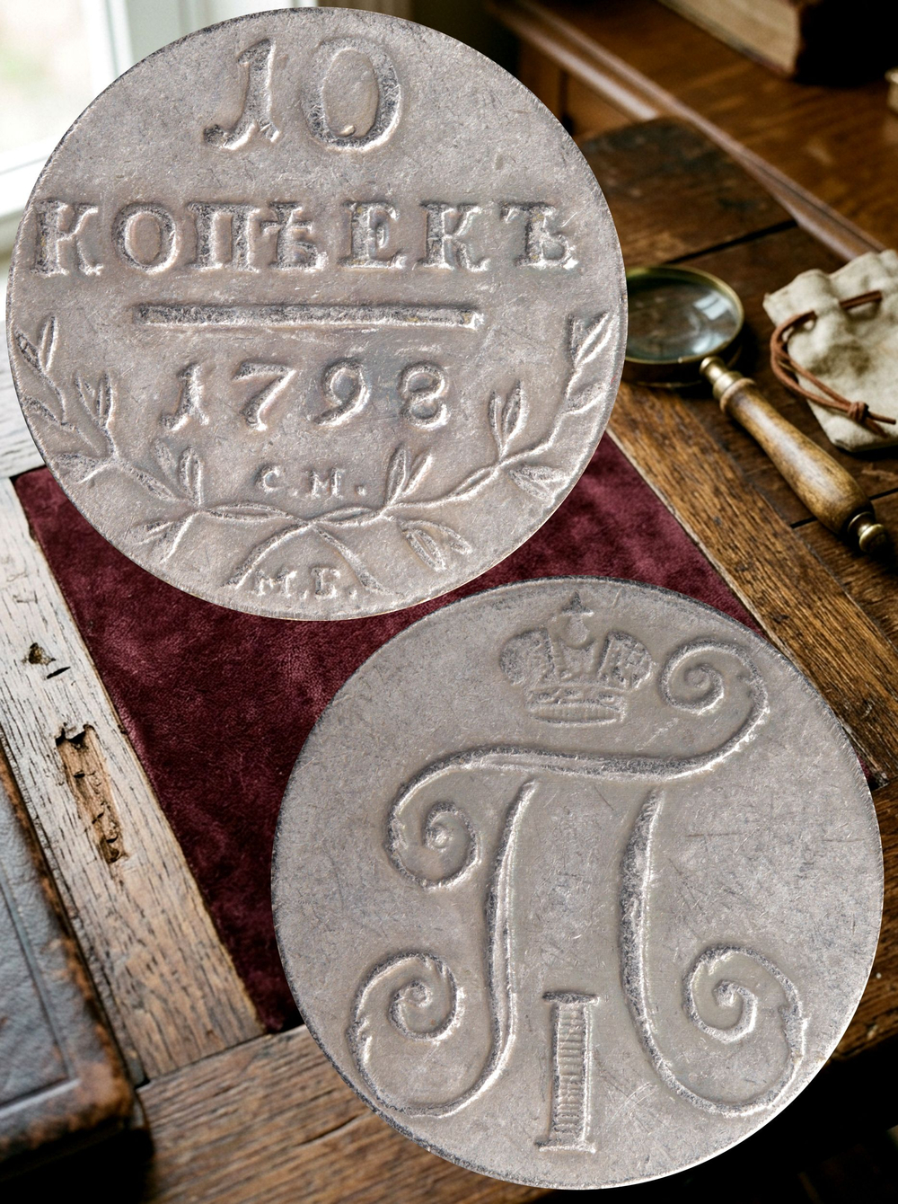 10 копеек 1798 года Павел 1 СМ-МБ Российская Империя Копия царской монеты посеребрение