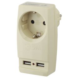 Разветвитель электрический ЭРА SP-1e-USB-I на 1 розетку + 2 USB с заземлением 16А сл. кость | Тройники