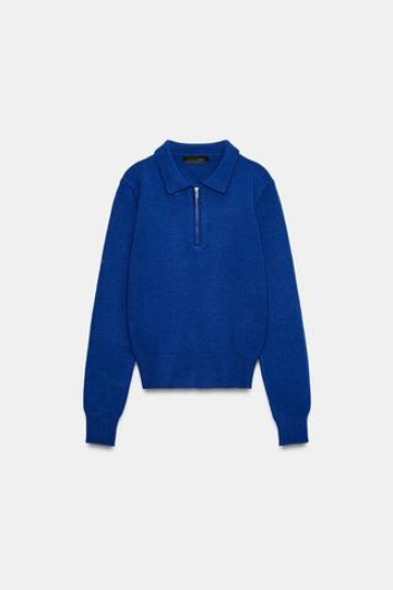 ZARA ТРИКОТАЖНОЕ ПОЛО НА МОЛНИИ, ЯРКО-СИНИЙ