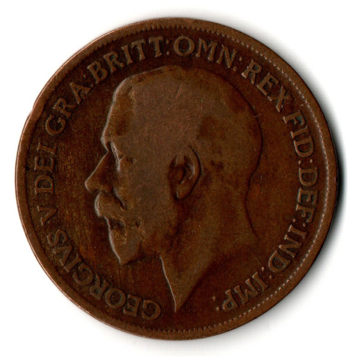 1 пенни 1919 год. Великобритания (Георг V). Бронза, диаметр 30.8 мм. VF
