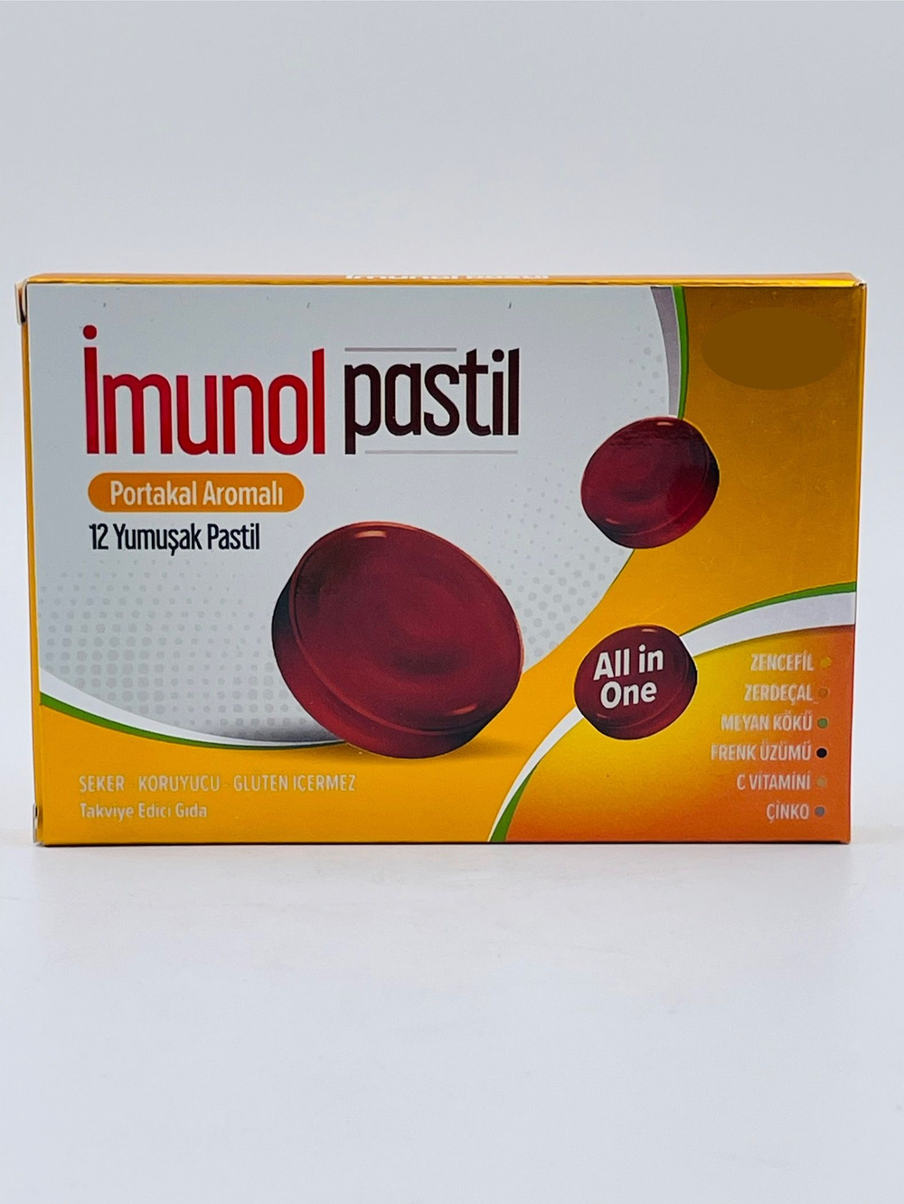 Жевательные пастилки Imunol с имбирем, витамином С и цинком, вкус апельсина, без сахара, 12 пастилок (Турция)