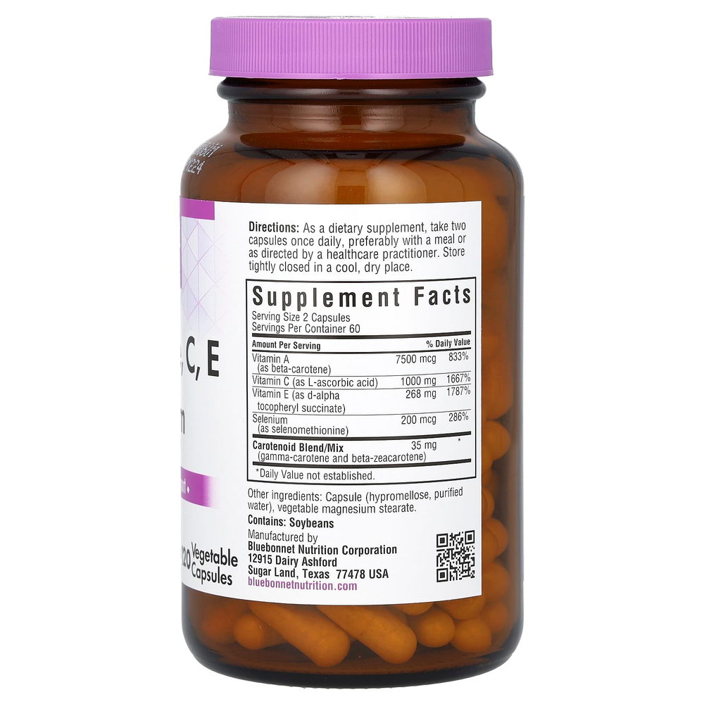 Bluebonnet Nutrition, бета-каротин, витамины C, E и селен, 120 растительных капсул