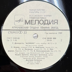 Виниловая пластинка Г.Доницетти – Miserere LP Мелодия
