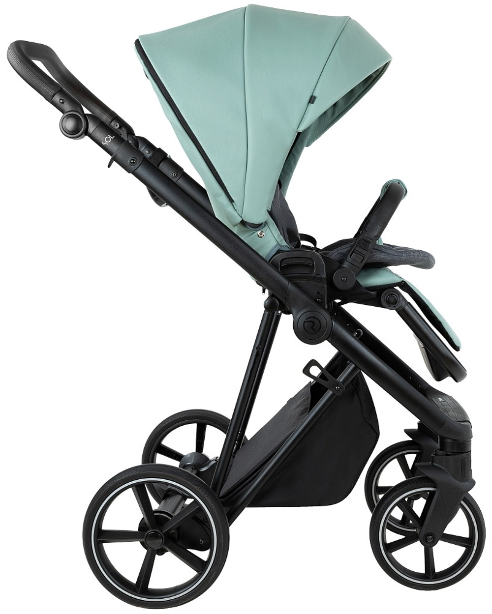 Детская коляска Roan Sol Vintage Leather 2.0 3 в 1 с автокреслом Pituso Santiso Pro Black SL/13/L Misti Mint/Grey/руч. Серый