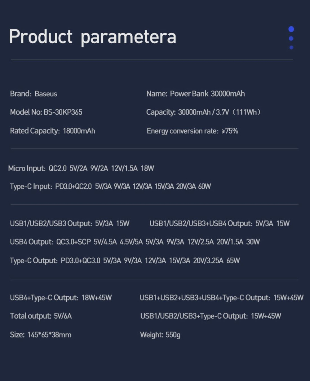 Внешний аккумулятор повербанк белый Power Bank 30000mAh 65W BASEUS