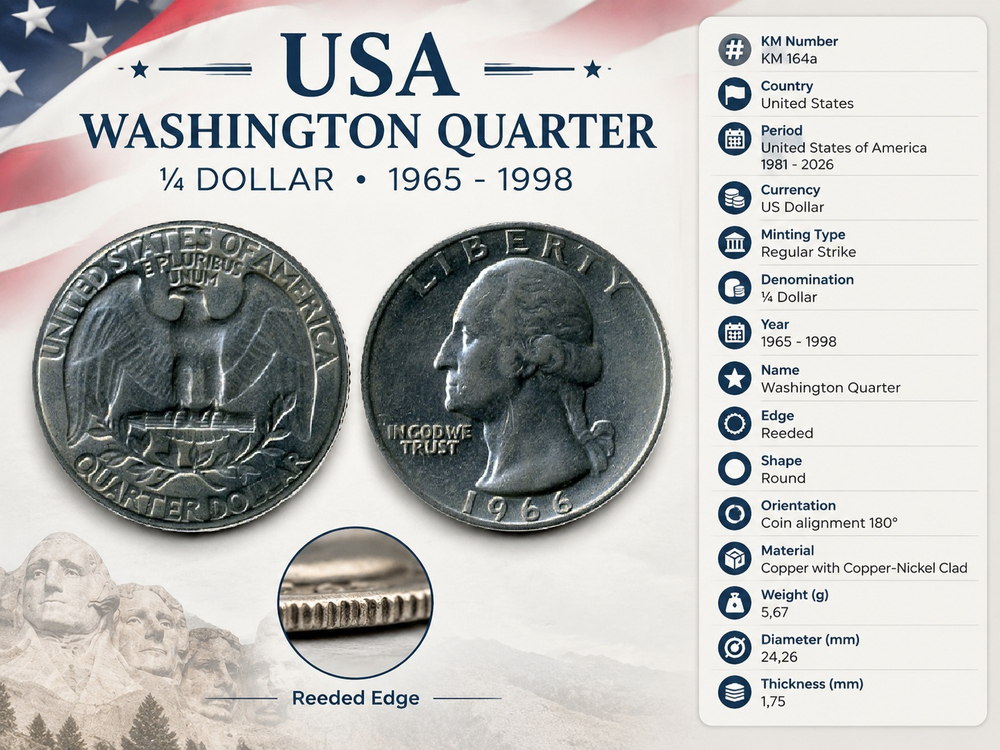 США 25 центов, 1966 Джордж Вашингтон XF