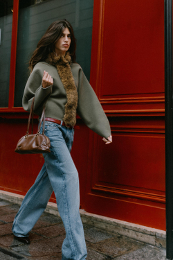 ZARA ТРИКОТАЖНЫЙ КАРДИГАН С ЭФФЕКТОМ МЕХА, ХАКИ