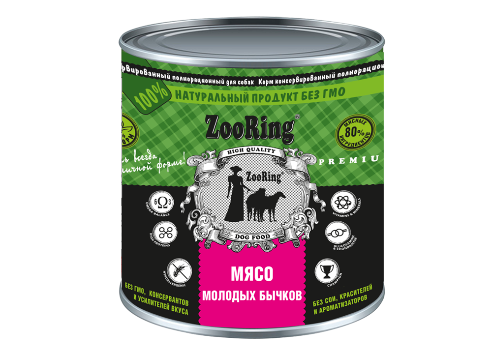 Корм консервированный ZooRing для собак Мясо молодых бычков, 850 гр