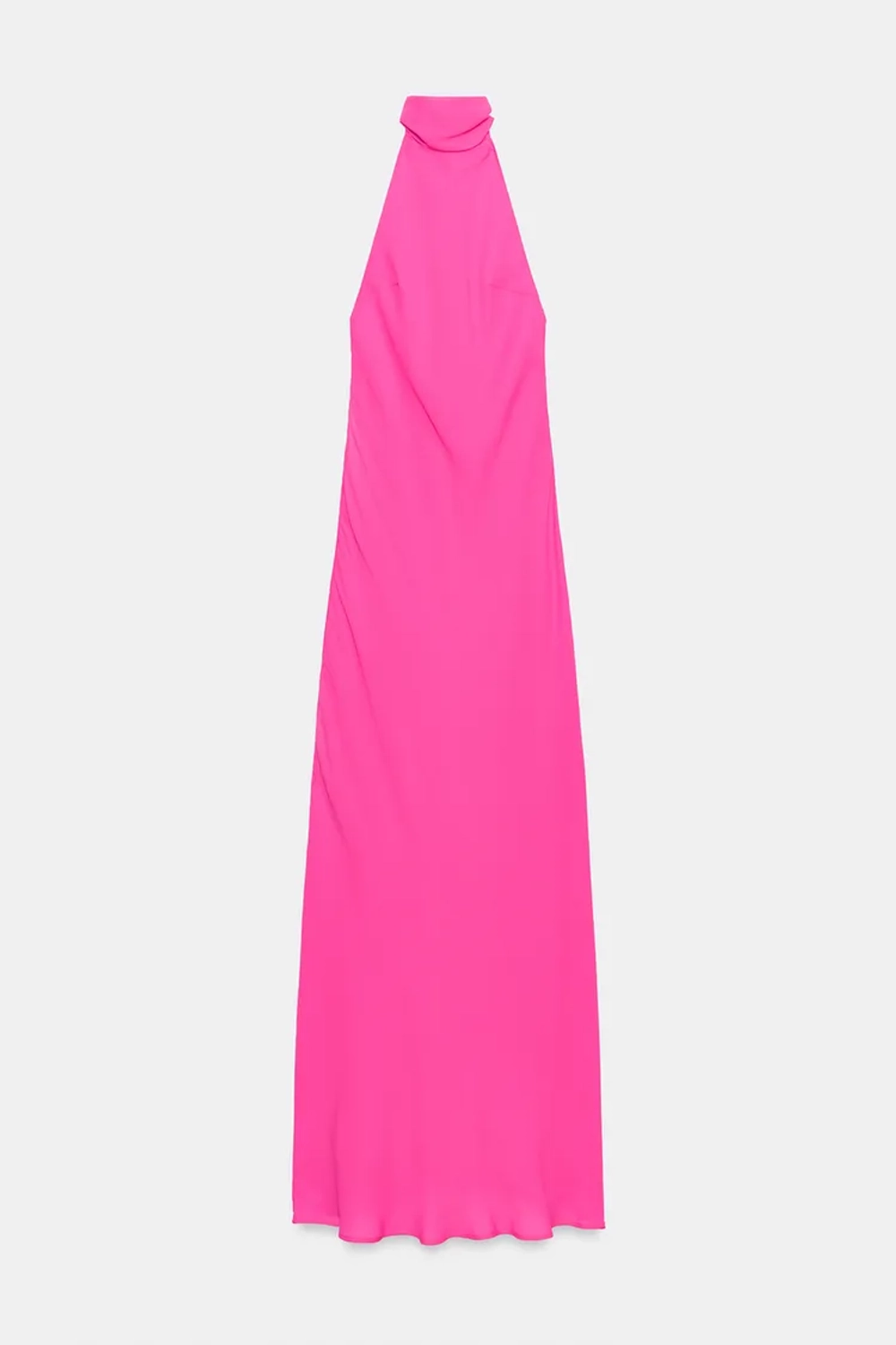 ZARA ДЛИННОЕ ПЛАТЬЕ-ХАЛТЕР С ЗАВЯЗКАМИ, НЕОНОВЫЙ РОЗОВЫЙ