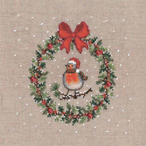Набор для вышивания нитками Le Bonheur des Dames December Wreath Robin Bird (Декабрьский Венок Малиновка), 14.5х14.5 см