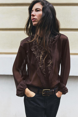 ZARA БЛУЗА С ВЫШИВКОЙ И ВОЛАНАМИ, КОРИЧНЕВЫЙ