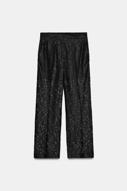 ZARA БРЮКИ ПРЯМОГО КРОЯ С КРУЖЕВОМ, ЧЕРНЫЙ