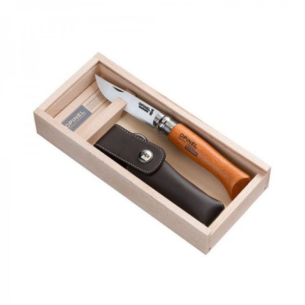 Нож Opinel №8, углеродистая сталь, рукоять из дерева бука, с чехлом, в деревянной коробке