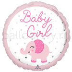 Фольгированная фигура, круг, BABY GIRL Слоник розовый S40,18"/46СМ