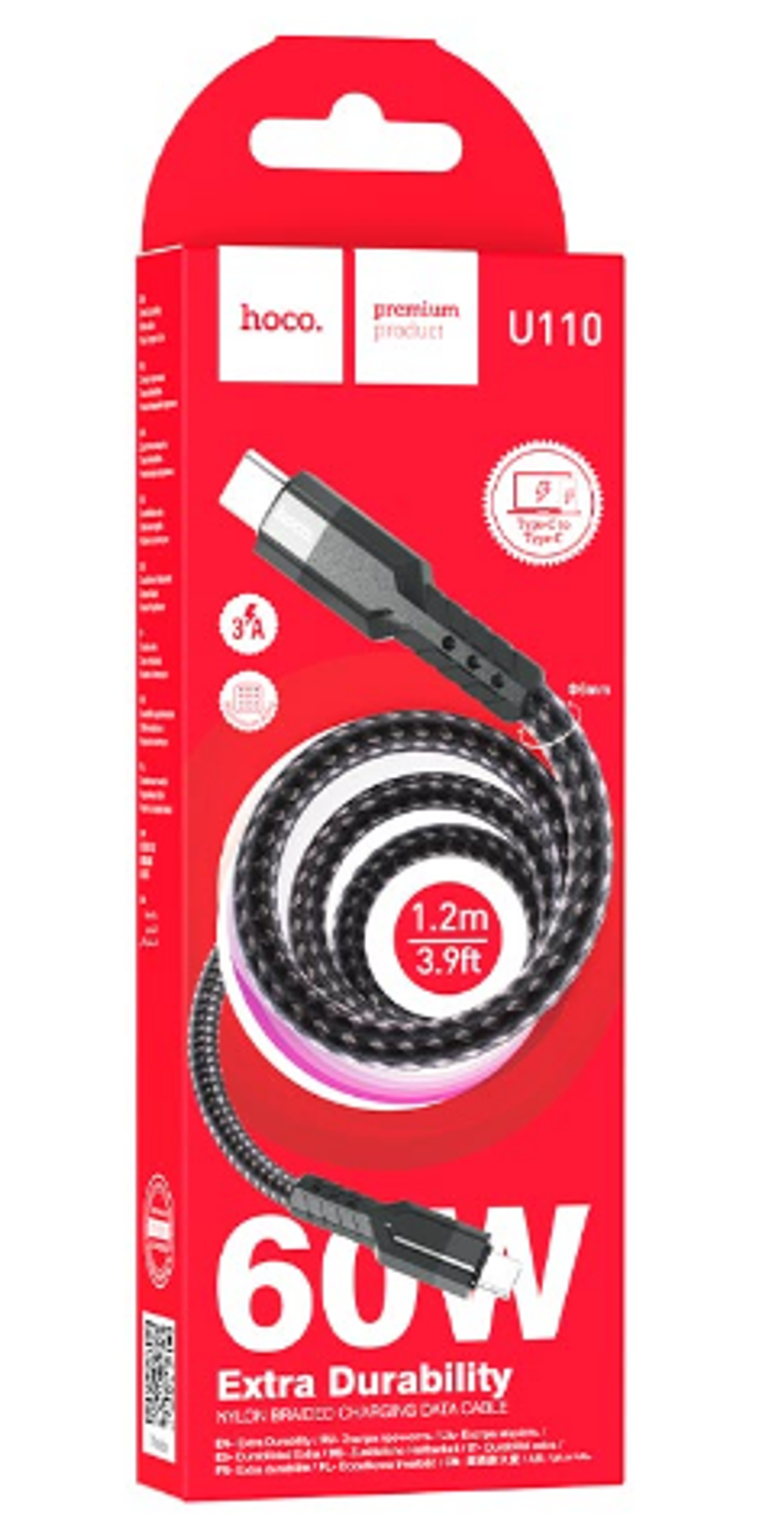 Usb Кабель-зарядка Type-C на Type-C Hoco U110 3A 60W 1.2м черный
