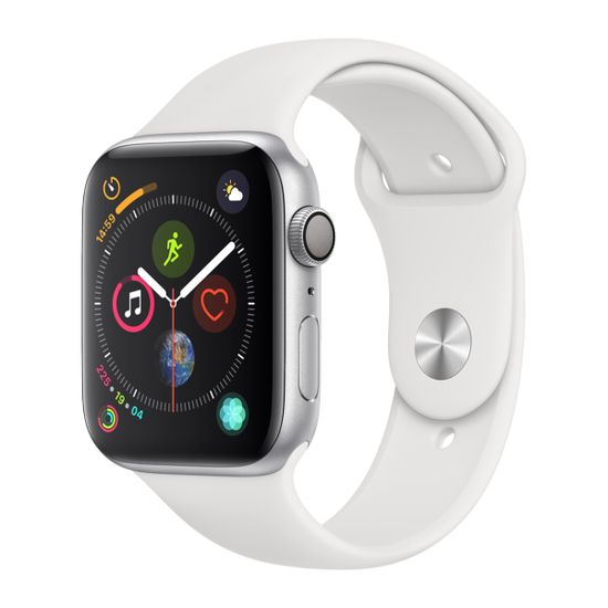 Часы смарт Apple Watch Серия 4, 44мм из алюминия серебристого цвета, спортивный ремешок белого цвета
