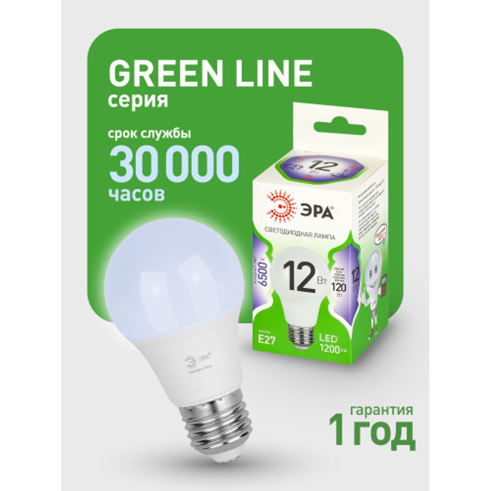 Лампа светодиодная ЭРА GREEN LINE LED A60-12W-865-E27 GL 12Вт груша холодный свет E27 | Лампы cветодиодные Груша (A)