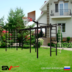 Уличная шведская стенка Sv Sport рукоход х 2 с комплектом турник прямой 2шт У53077К (Турник/Деревянные/Щит баскет/Кронш бокс/Канат/кольца/лестница/Сетка)