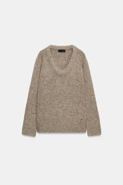 ZARA ШЕРСТЯНОЙ СВИТЕР С КРУГЛЫМ ВЫРЕЗОМ, СЕРЫЙ МЕЛАНЖ