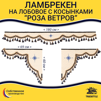 Ламбрекен 1,8м с косынками универсальные стеганые Роза Ветров (экокожа, бежевый, синие кисточки)