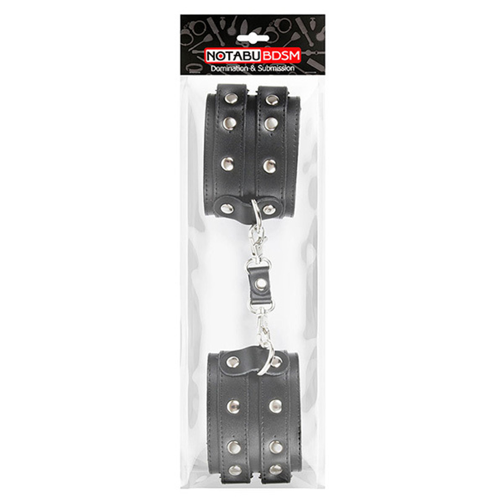 Черные широкие кожаные наручники с заклепками на карабине Bior Toys Notabu NTB-80354