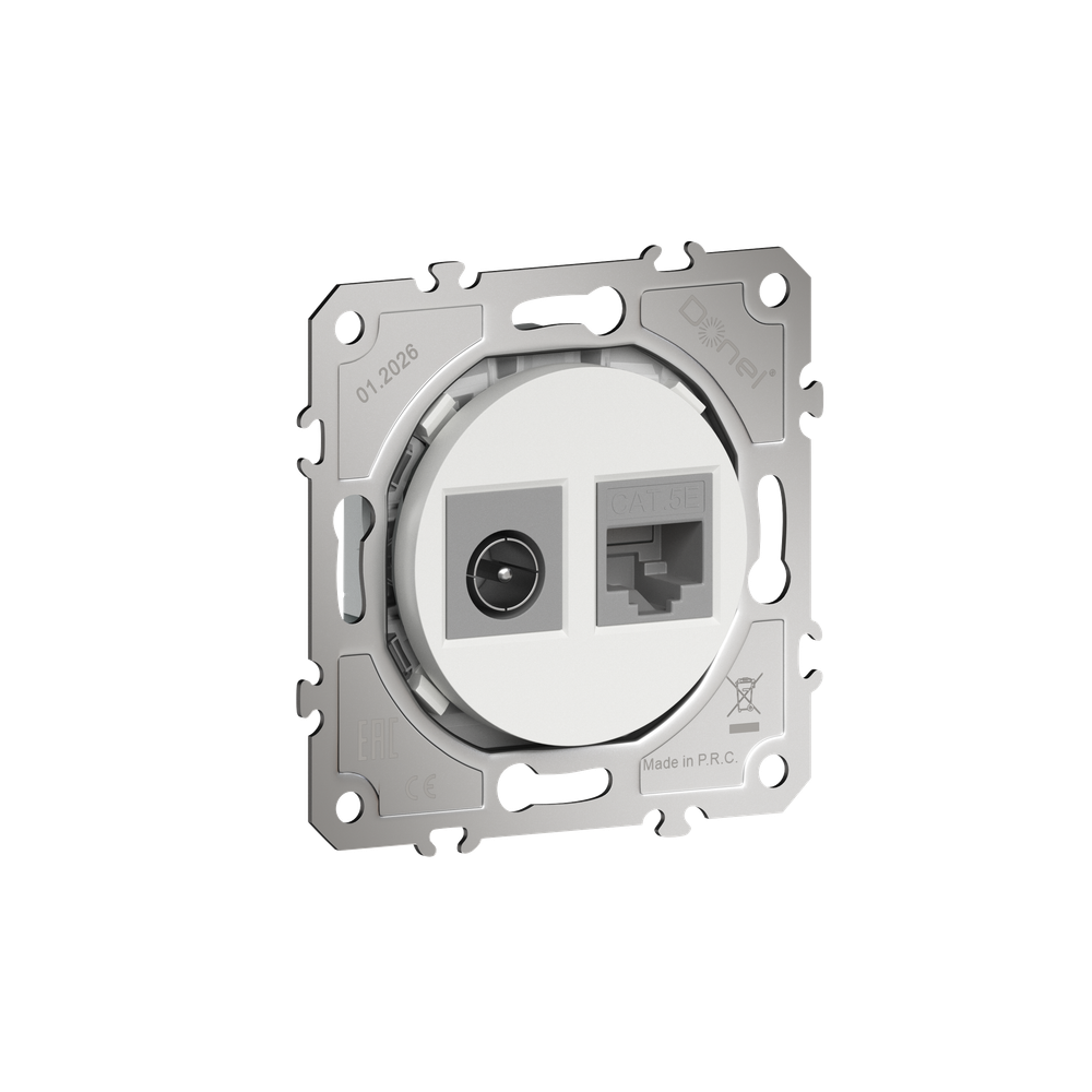 Розетка комбинированная RJ45 cat.5e + TV/SAT простая с разъёмом папа,  цвет матовый белый,  серия D16,  Donel
